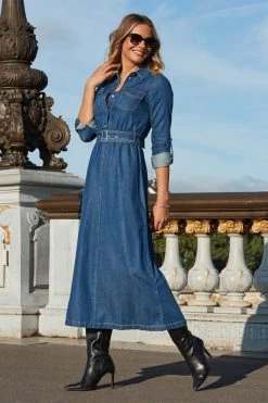 Mid Blue Fit & Flare Buckle Detail Denim Midi Dress -Classic Fashion Clothing Store web 2308 68 a23dd017be0010 68 280 rt