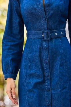 Dark Indigo Button Front Belted Denim Dress -Classic Fashion Clothing Store web 2308 95 a23dd001in006w 95 279
