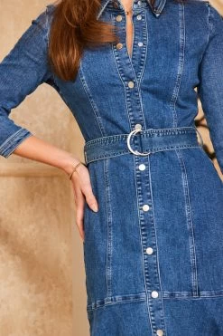 Indigo Blue Fluted Hem Belted Denim Dress -Classic Fashion Clothing Store web 47 s23dd010be0010 099