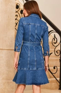 Indigo Blue Fluted Hem Belted Denim Dress -Classic Fashion Clothing Store web 47 s23dd010be0010 101