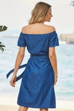 Indigo Blue Button Front Bardot Denim Dress -Classic Fashion Clothing Store web 69 s22dd032io003w 125
