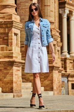 White Silver Button Front Sleeveless Denim Dress -Classic Fashion Clothing Store web 71 s20dd050we0001 165