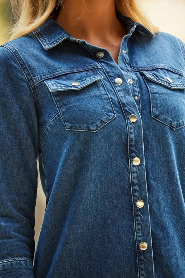 Indigo Blue Popper Front Denim Shift Dress 7 Indigo Blue Popper Front Denim Shift Dress - Image 5