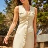 Ecru Gold Button Front Sleeveless Denim Dress -Classic Fashion Clothing Store web 85 s20dd050eu0001 054