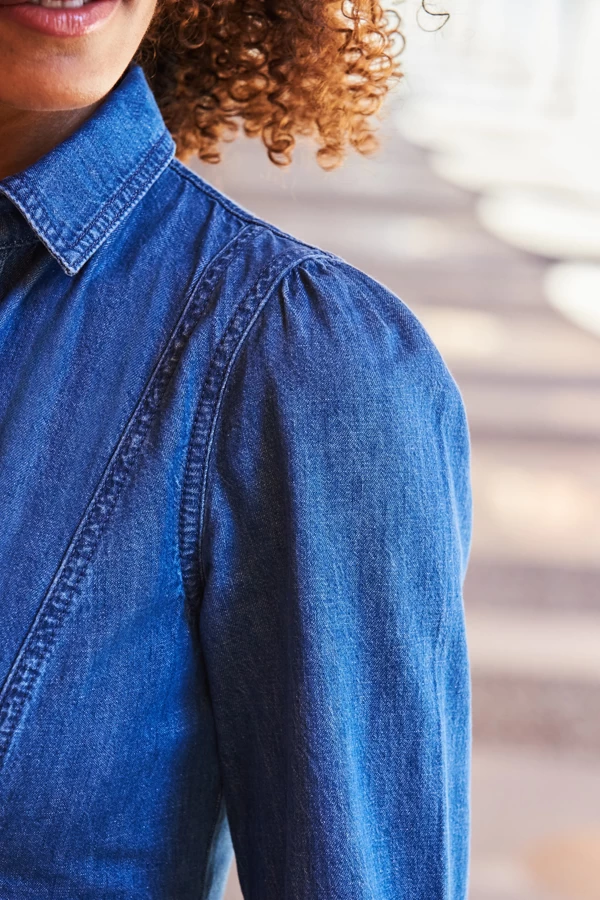 Mid Blue Popper Front Belted Denim Midi Dress 7 Mid Blue Popper Front Belted Denim Midi Dress - Image 5