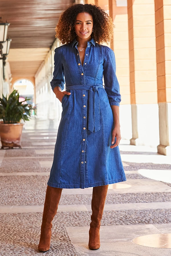 Mid Blue Popper Front Belted Denim Midi Dress 3 Mid Blue Popper Front Belted Denim Midi Dress