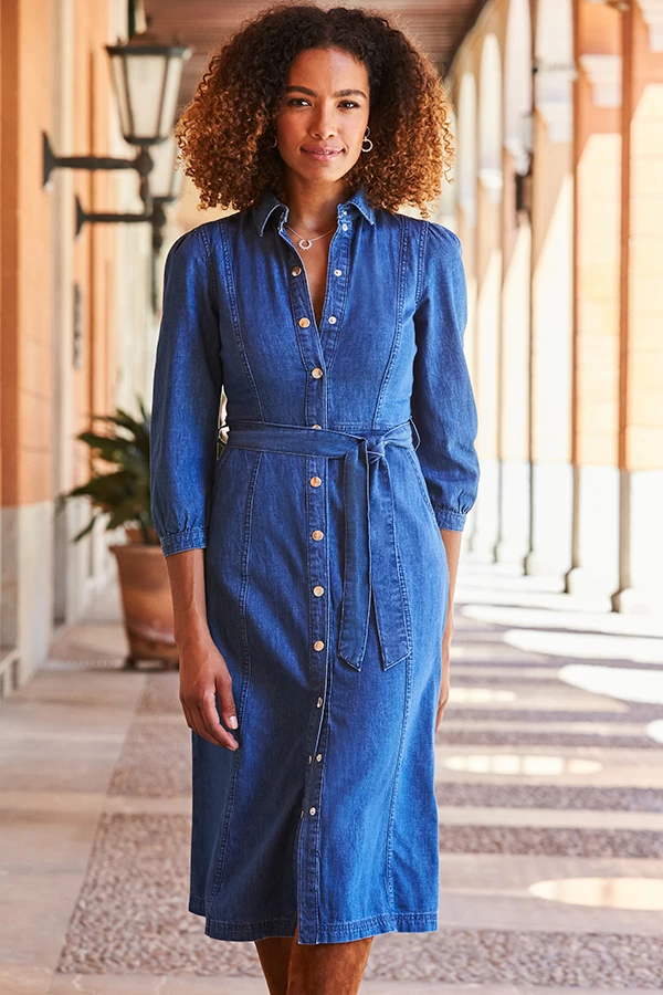 Mid Blue Popper Front Belted Denim Midi Dress 4 Mid Blue Popper Front Belted Denim Midi Dress - Image 2